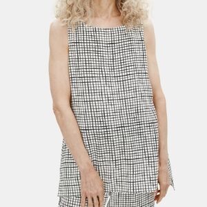 Eileen Fisher Textured Crepe Grid Long Shell In Bone/Black Size MED